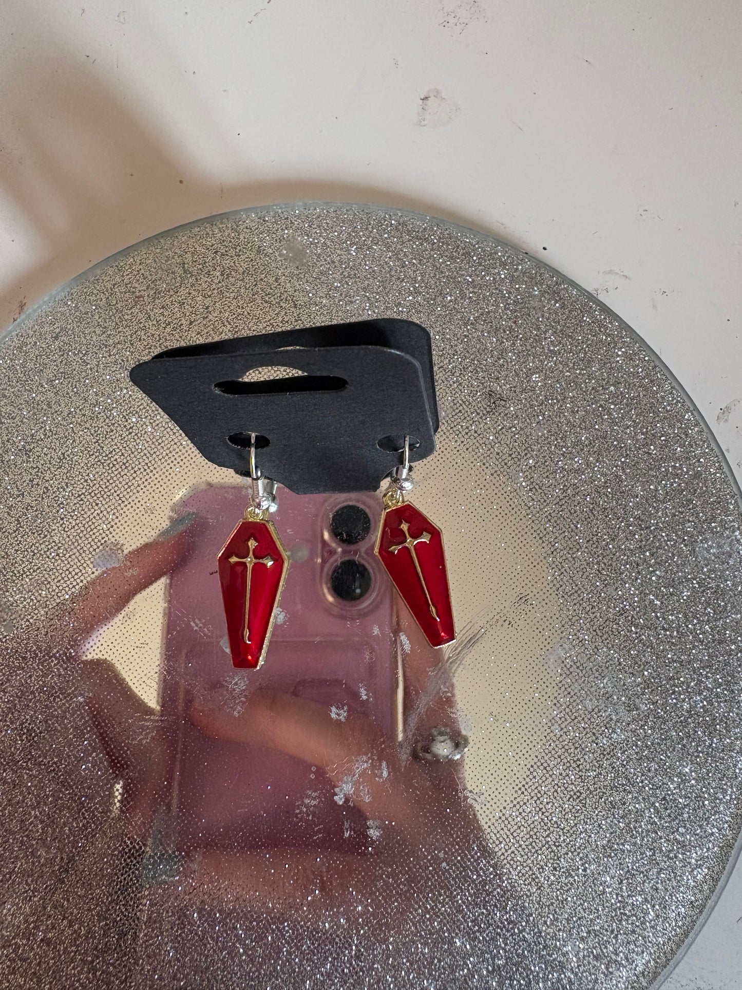 Red and gold coffin earrings with cross