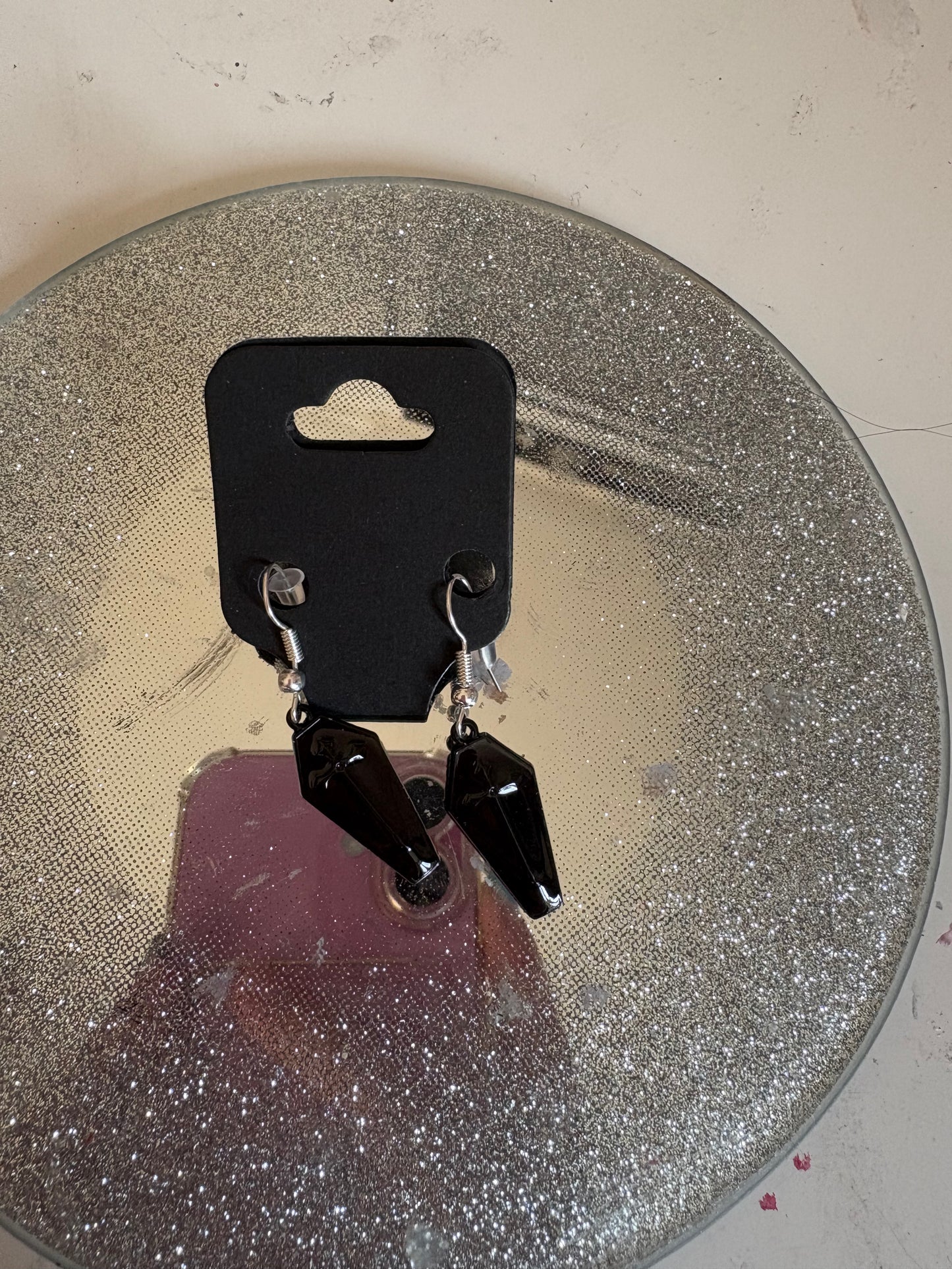 Black coffin earrings with black cross earrings